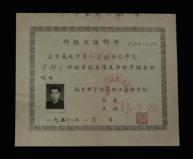 1961年：南京市下关区职工业余学校【逻辑学结业证明书】一张