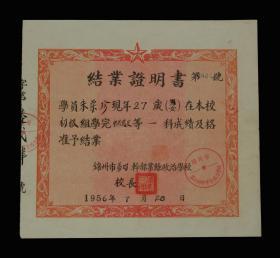 1956年：锦州市第四干部业余政治学校【结业证明书】一张 收藏品