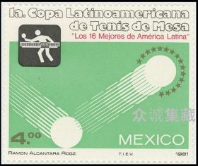 墨西哥邮票 1981拉美乒乓球锦标赛1全 外国邮票
