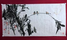 书画10877，著名画家【周仁辉、何俊德】花鸟画，竹子小鸟
