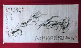 书画10889，著名画家【周仁辉、王平善】花鸟画，虾趣图