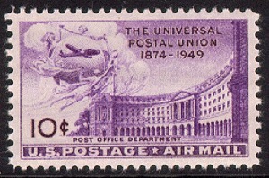 美国 1949年  航空票 万国邮联成立75周年纪念1全新 雕刻版 建筑和徽标