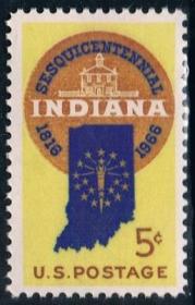 美国1966年 印第安纳建州150周年1全新 雕刻版