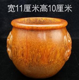 旧藏角雕兽面小缸，选材上乘，雕工精细，器型优美，纹理清晰，尺寸细节如图，重486g