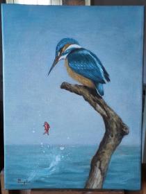 原创手绘动物油画作品系列之—湖面上的翠鸟