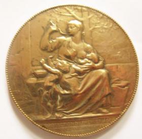 古钱币，老钱币，法国名章 Chaplain 1874年婴儿保护法纪念镀金大铜章，非常稀有难得，意义深远，可谓古钱币收藏的珍品，孤品，神品
