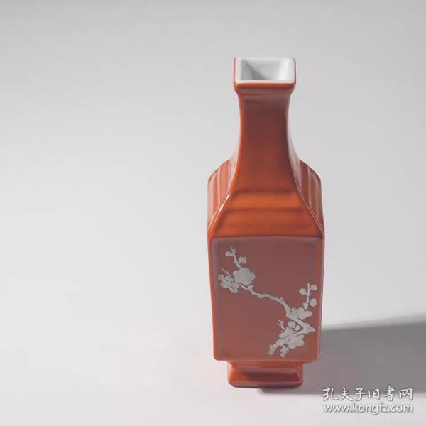 景德镇陶瓷全手工制矾红银梅四方小瓶 案头瓶（烧制详情见图）