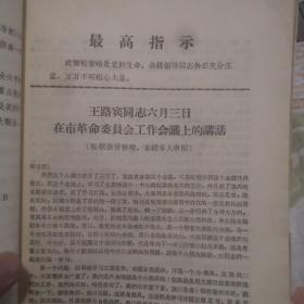 **材料：王路宾同志六月三日在市革命委员会工作会议上的讲话