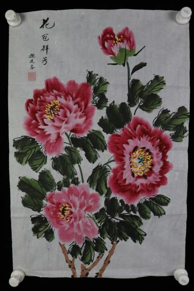 开国少校、老革命家 李盾题、夫人魏建蓉画 水墨设色作品《花冠群芳》一件（纸本软片，画心约2.7平尺，钤印：魏建蓉印）HXTX323724