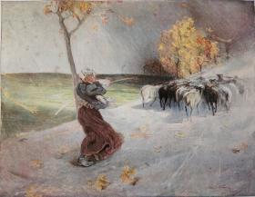 1900年套色平版版画《暴风雨中的羊群》 41×28厘米（19）