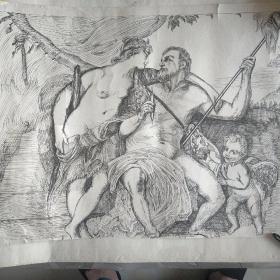 原版素描画【海克利斯与奥弗莉】（法国）勒莫安。