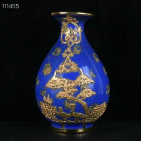 宋建窑蓝秞供御款镶铜鎏金松鹤延年纹玉壶春瓶