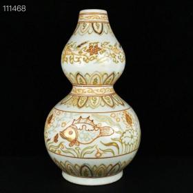元珐华彩描金鱼藻纹刮筋葫芦瓶
