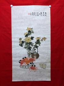 书画11337，【陈玉英】有款花鸟画，菊花螃蟹