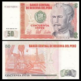 包邮 【美洲】全新 秘鲁50印蒂纸币 外国钱币 1987年！