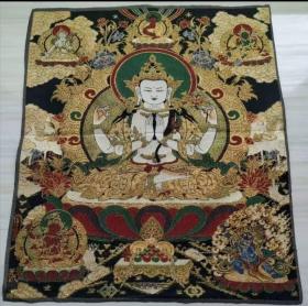 热卖西藏佛像 尼泊尔唐卡画像 织锦画 丝绸绣 黄四臂观音唐卡刺绣