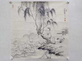 保真书画，北京老一辈画家，赵广德工笔人物画《王冕画荷图》一幅，纸本托片，尺寸68×68cm。