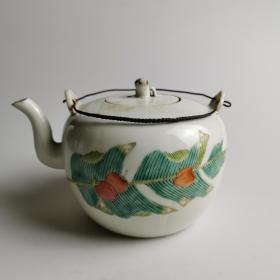 民国粉彩花卉瓷茶壶瓜棱壶古玩老瓷器茶具收藏