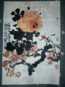 【保真字画，得自画家本人】朱全增，70X46cm
    1956年生，山东莒县人。先后毕业于临沂教育学院、山东师范大学美术系。现为中国美术家协会理事，山东省美术家协会驻会常务副主席，浙江现代书画院院长，国家一级美术师，山东画院高级画师，北京京桥大学美术系教授，现代民族书画艺术家协会副主席。
68*68cm四平尺。