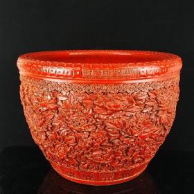 红釉手工雕刻花开富贵高浮雕缸