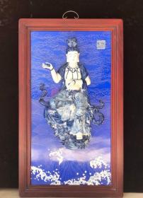 老红木镶嵌瓷板画 手绘浮雕关音中堂挂屏
