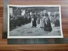 【现货 包邮】1890年小幅木刻版画《在拉伦的平磨料工坊》(flachsscheuer in laren)尺寸如图所示（货号400833）