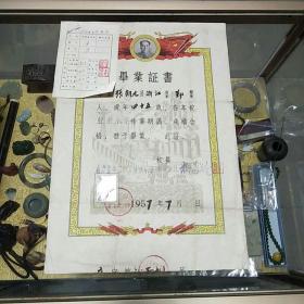 1957年上海市杨浦区第二职工业余小学毕业证书一份，主席头像、证主张朝元小照、钤印、附成绩单，值得留存！