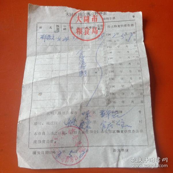 1962年大同市粮食供应转移证