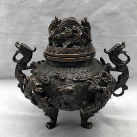 古玩收藏铜香炉摆件大号镂空二龙戏珠熏香炉