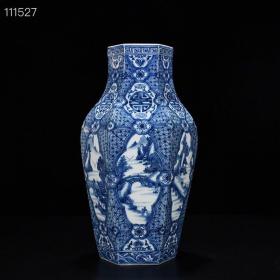 清雍正青花开光人物山水纹六方瓶45×20
