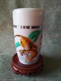 漂亮80年代北京鹿牌紫砂保温杯，手绘老虎图，8*6*14.3cm