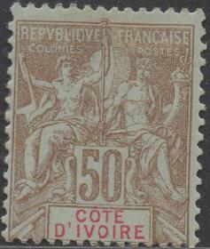 外国邮票ZE，法属科特迪瓦1892年航海与商务女神，50c