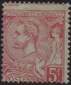 法国摩纳哥邮票，1891年阿尔贝一世亲王，女神盾牌，齿孔移位变体