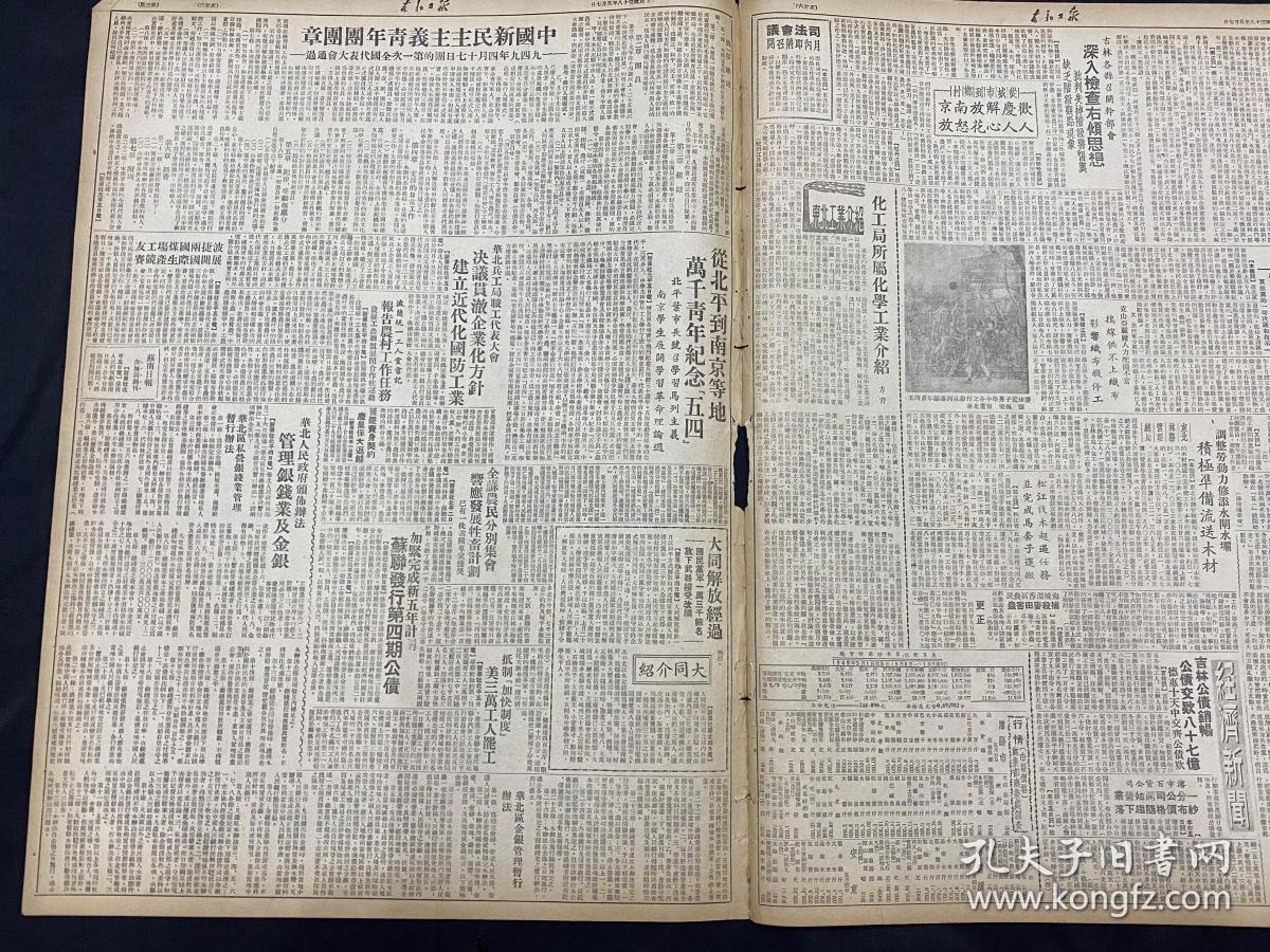 949年5月7日《东北日报》。（南下我军迅速挺进，解放浙江省会杭州）全国青年第一次代表大会上，朱总司令致词全文（中国新民主主义青年团工作纲领）欢庆解放南京人心花怒放（中国新民主主义青年团团章，1949年4月17日团的第一次全国代表大会通过）大同解放经过（华北人民政府颁布办法，管理金钱业及金银）苏南日报在无锡创刊