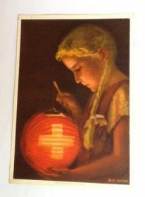 瑞士 1936 少女灯笼国旗绘画  邮资片（490号）