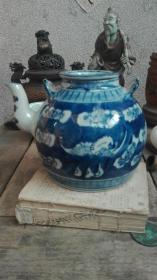 清康熙年间青花留白多福纹双系茶壶，老物件瓷器摆件茶具收藏精品