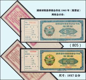 湖南祁阳县供销合作社1963年《股票证》两枚价：（805）