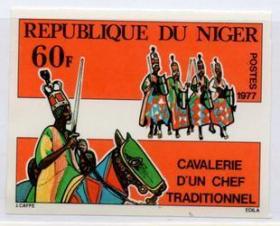 尼日尔邮票，1977年骑兵部队印样，非洲传统的酋长骑兵军队2