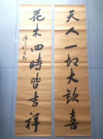 著名书法家--王泽中书法对联《天人一切大欢喜 花木四时皆吉祥》纸本软片、保真、