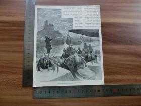 【现货 包邮】1890年小幅木刻版画《聆听回声》(die llochzeitsreis echoblasen)尺寸如图所示（货号400868）