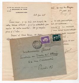 诺贝尔文学奖得主 马丁·杜·加尔 Roger Martin du Gard 1946年亲笔信两通 附实寄封
