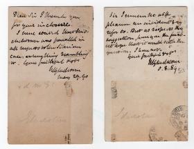 最伟大的英国首相之一 四任英国首相 格莱斯顿(William Gladstone）1890及1889年亲笔信两件 致19世纪英国著名的手迹收藏家 库布罗上校 （John  Coubrough）
