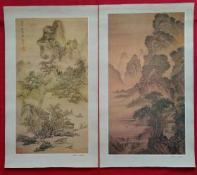 赫奕作秋水孤亭图、戴进作溪堂诗意图， 挂历画剪页，共两张，56cm×34cm