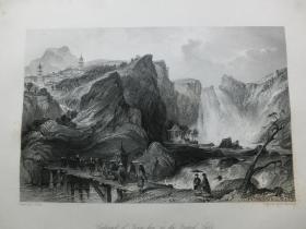 【百元包邮】《广东省肇庆,鼎湖瀑布》中国题材钢版画 托马斯.阿罗姆 (Thomas Allom)作品  1845年 尺寸约27.2×21厘米 (货号T001362)