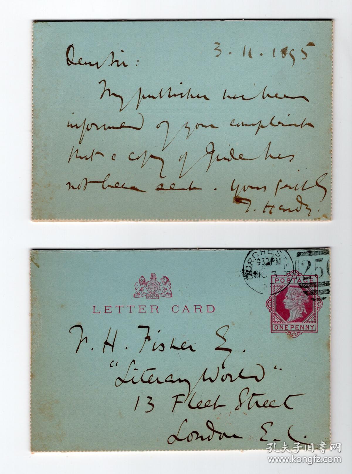 英国著名诗人、小说家 托马斯·哈代（Thomas Hardy）1895年提及代表作《无名的裘德》的亲笔信