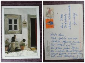 外国明信片，葡萄牙实寄，贴两枚邮票，品如图、