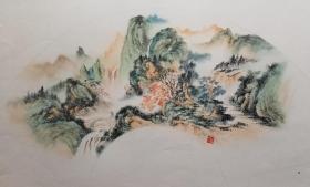 扇面图 国画 水墨画 山水画，无款，高清印刷，尺寸：54.5X39厘米，扇面直径：50X16.5厘米