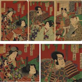 浮世绘木版画 香朝楼（三代目歌川国贞）歌舞伎座新狂言 太阁记尼ヶ崎之場 三枚续 大判锦绘 歌舞伎绘 役者绘 芝居绘 摺良色艳 明治时期古董版画精品 原刻真品