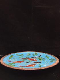 景泰蓝金鱼盘子，做工精美，包浆厚重，直径40cm，重2.2公斤，1200