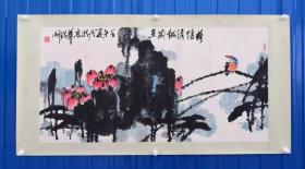 大写意花鸟画一幅，名头自查。尺寸：137x68cm，创作年代：壬午年（2002年）。